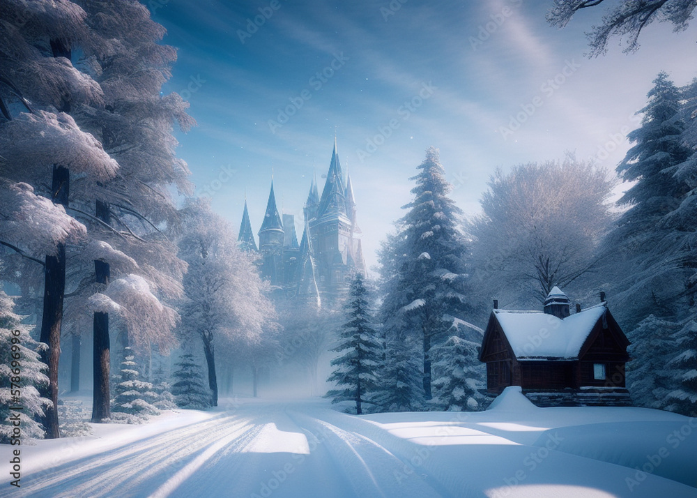 a snow covered road in the middle of a forest, dreamy landscape, beautiful lit, ultra wide horizon, a snow covered road in the middle of a forest, dreamy landscape, beautiful lit, ultra wide horizon,