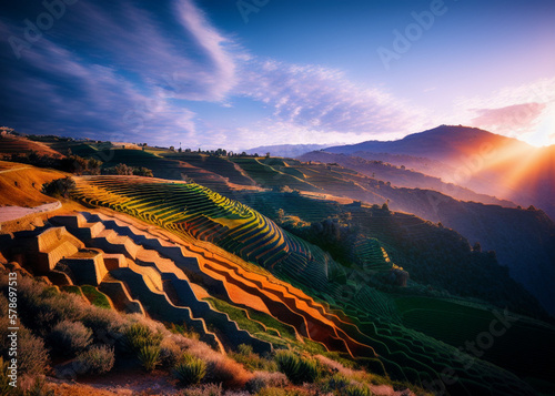 a scenic view of a valley with terraces in the foreground, rice, vibrant light leaks, oriental face