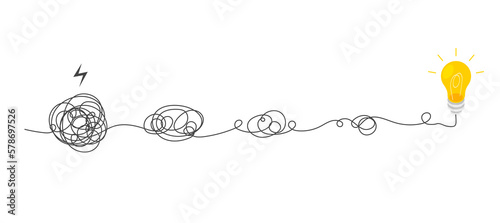A tangled line turns into a straight line. Abstract metaphor of complicated way of thinking. Lines unraveling process. Business problem solving or difficult situation. Idea concept.  photo