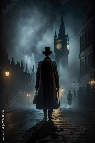 jack the ripper at foggy night in street of london. generative ai