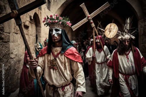 procession with penitents with masks in easter celebration in spain. generative ai