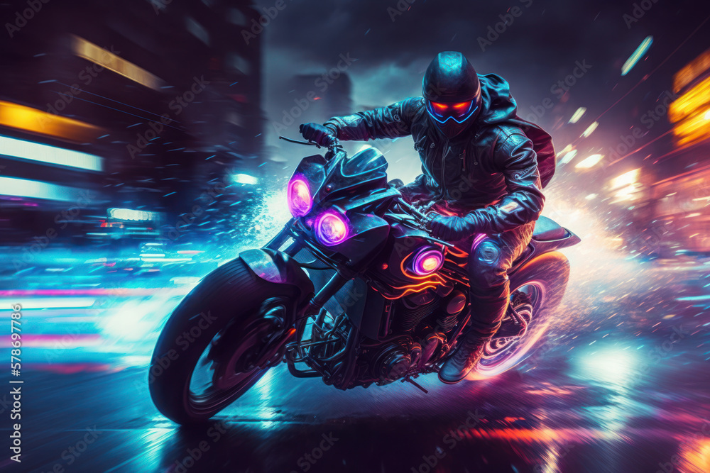 aggressive motorcycle rider on city drifting at night. generative ai