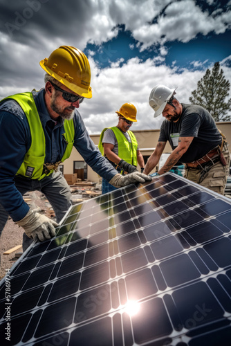 workers installing solar panels in house roof. generative ai