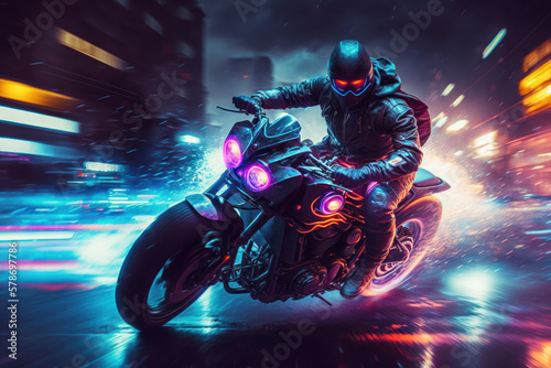 aggressive motorcycle rider on city drifting at night. generative ai © ArgitopIA