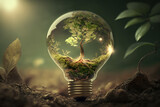 light bulb in nature with leaf inside. Ecology and environmental protection. green energy and renewable. Sustainable resources. generative ai
