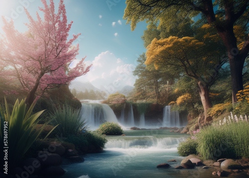 a waterfall in the middle of a lush green forest  panoramic anamorphic  enchanted dreams