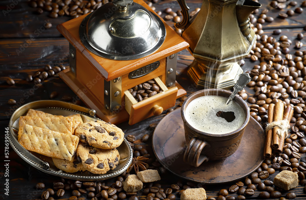 Espresso coffee with coffee beans on old background. Espresso coffee with coffee beans on old background.