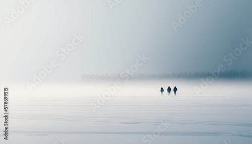 Silhouettes au loin dans un décor hivernal au bord de la mer dans la brume