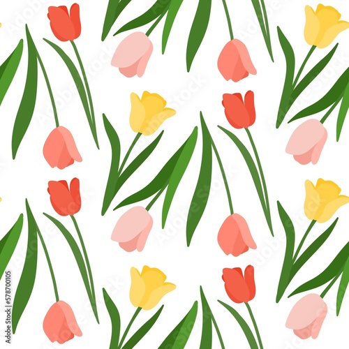 Floral spring seamless pattern of yellow, pink and red tulips, can be used as a background, textile decoration and design