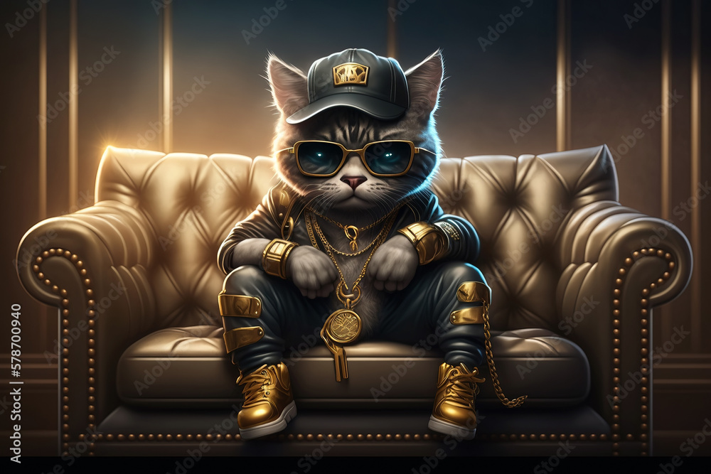 Illustrazione Stock cat rapper boss in gangsta style with gold chains. Thug  life concept. Generative AI illustration | Adobe Stock