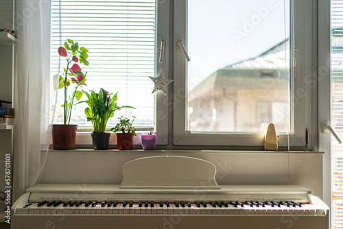 Photo of the white piano in living room by the window, with plants by the window sill in sunny day.