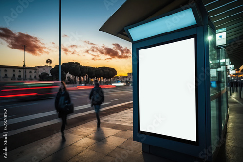 Mockup of blank advertising light box on the bus stop with people walking by. Motion blur effect, Digital Media billboard, signboard for product advertisement design, .Generative AI
