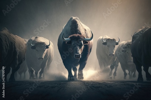 A bull charging in the opposite direction of a herd of bears serves as a financial symbol for a bullish stock market outlook and a contrarian investor's perspective. Generative AI photo
