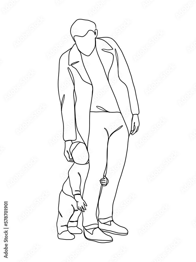 Continuous one line drawing of father with baby. Continuous one line drawing of father with baby.