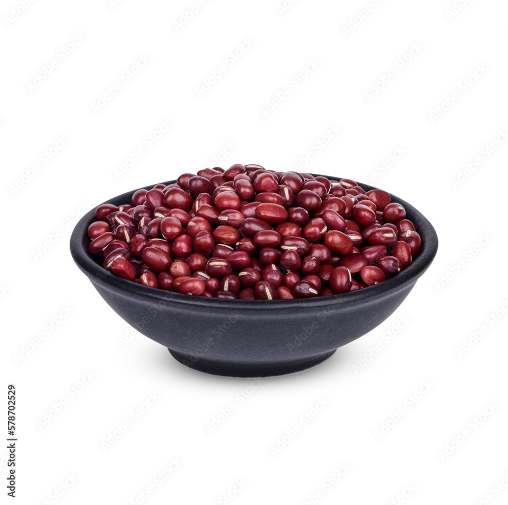 Red bean seeds in a black cup isolated on white background Red bean seeds in a black cup isolated on white background