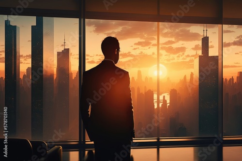 Silhoette of businessman in the sunset made with generated ai © Interstellar