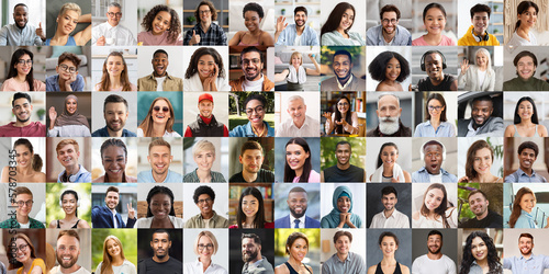 Multiethnic people smiling and gesturing on various backgrounds, collage