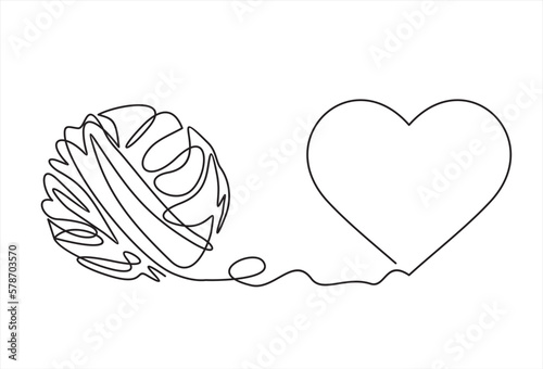 Chaos and heart abstract minimalist concept vector illustration. Metaphor of disorganized difficult problem, mess with black single continuous tangle thread in need of unraveling isolated on white