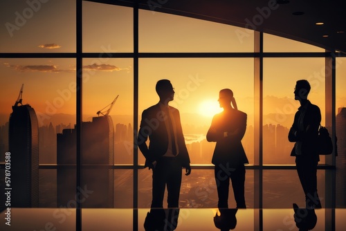 Silhouette of business team at office in the sunset made with generative ai