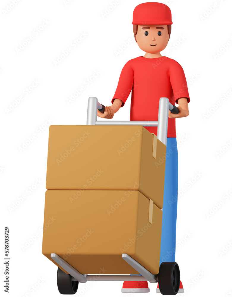 Courier man pushing handcart with boxes 3d illustration front view. Logistics concept with deliver man pushing warehouse handcart with boxes 3d illustration Courier man pushing handcart with boxes 3d illustration front view. Logistics concept with deliver man pushing warehouse handcart with boxes 3d illustration
