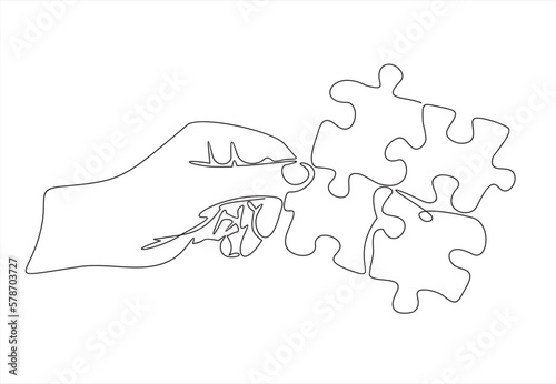 Continuous one line drawing of hand holding groupe of puzzle. Business matching - connecting puzzle elements.Puzzle game symbol and iconic business metaphor for problem solving, solution and strategy.