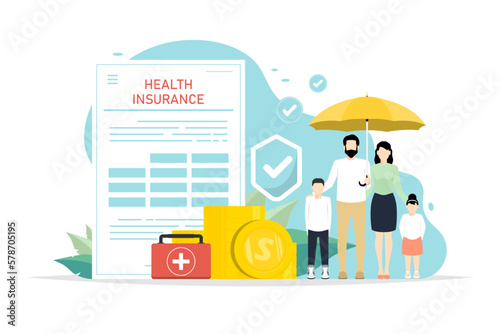 Protection family health insurance concept, Family standing under umbrella with health document, Digital marketing illustration.