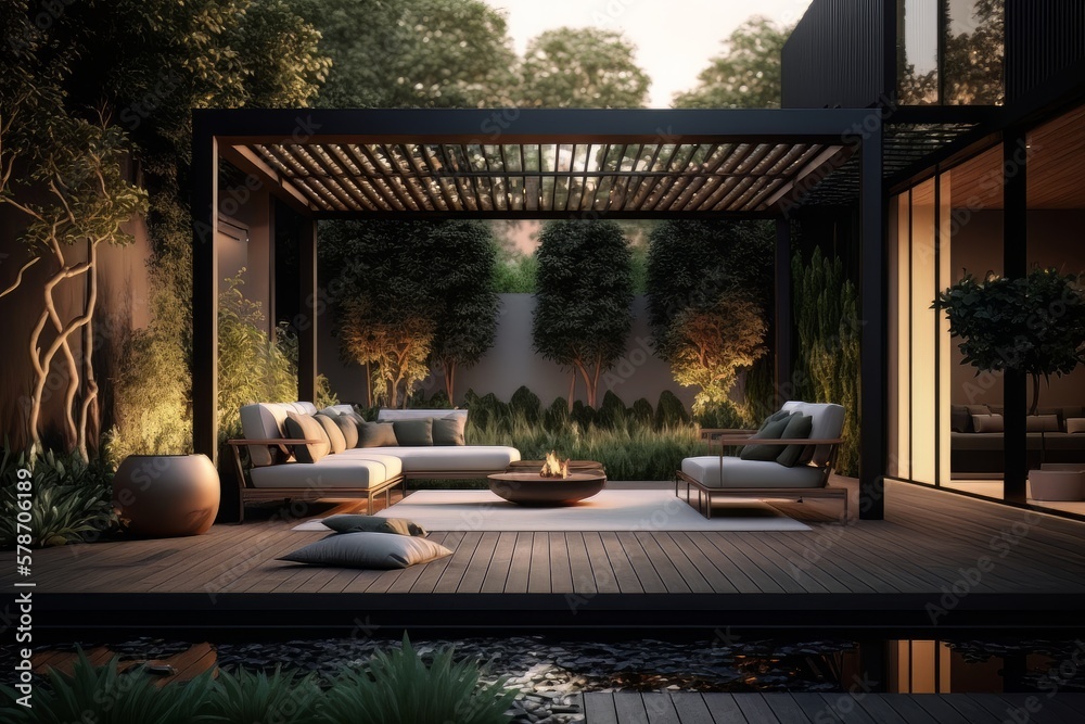 Fototapeta premium Experience Ultimate Luxury with the Exquisite Interior Design of a Lavish Outdoor Garden Featuring Teak Hardwood Deck and Black Pergola, Perfect for Relaxing Evenings by the Pool, Generative AI.
