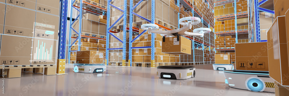 Concept of smart factory and 5G for industrial. Autonomous Robotic transportation or Automated guided vehicle systems(AGV) operating transfer box in automated warehouses.3d rendering and illustration - obrazy, fototapety, plakaty 