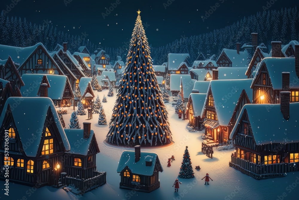 Experience the Magic of Christmas in a Charming Village Setting with Our Festive Holiday Decorations, Generative AI.