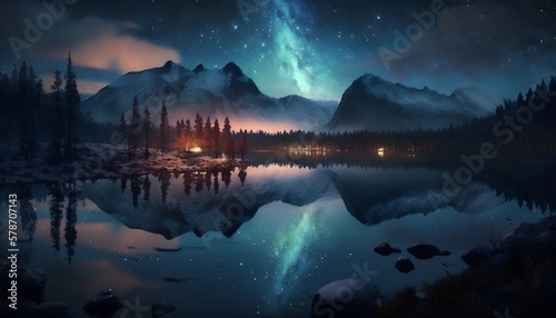 beautiful landscape  lake  starry night  northern lights