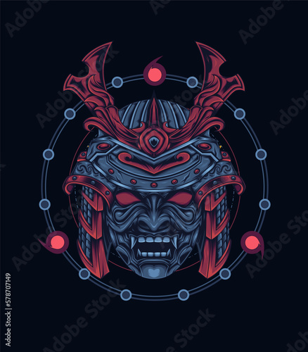 A Japanese samurai mask and helmet in a woodcut style. Dark artI llustration