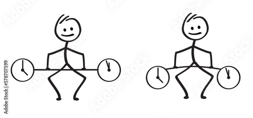 Cartoon Stickman think of deadline, stick figure man and weightlifting. Weightlift and deadlines time clock. Fitness workout. Weightlifter or businessmen for date, motivation and inspiration concept.