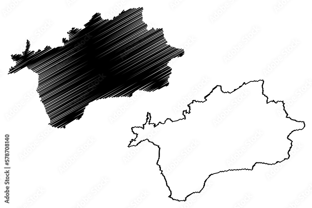 East Devon non-metropolitan district (United Kingdom of Great Britain and Northern Ireland, ceremonial county Devon or Devonshire, England) map vector illustration, scribble sketch map