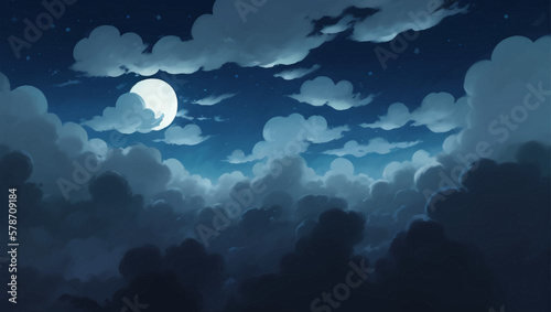 Clouds Sky Illuminated by Moon in The Night Hand Drawn Painting Illustration
