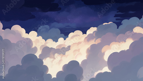 Glowing Illuminated Clouds in The Night Sky Background Hand Drawn Painting Illustration