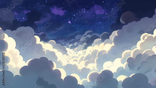 Glowing Illuminated Clouds in The Night Sky Background Hand Drawn Painting Illustration