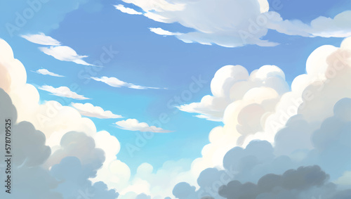 Clouds in A Bright Blue Sky Background Hand Drawn Painting Illustration
