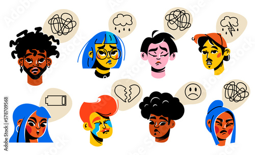 A set of characters with emotions. People are sad, worried. Psychotherapy, reflection, burnout, emotions.