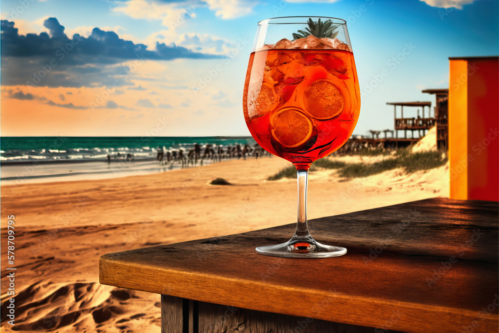 Cocktail on the beach. Orange cocktail on a table bar with view on sandy beach - obrazy, fototapety, plakaty 