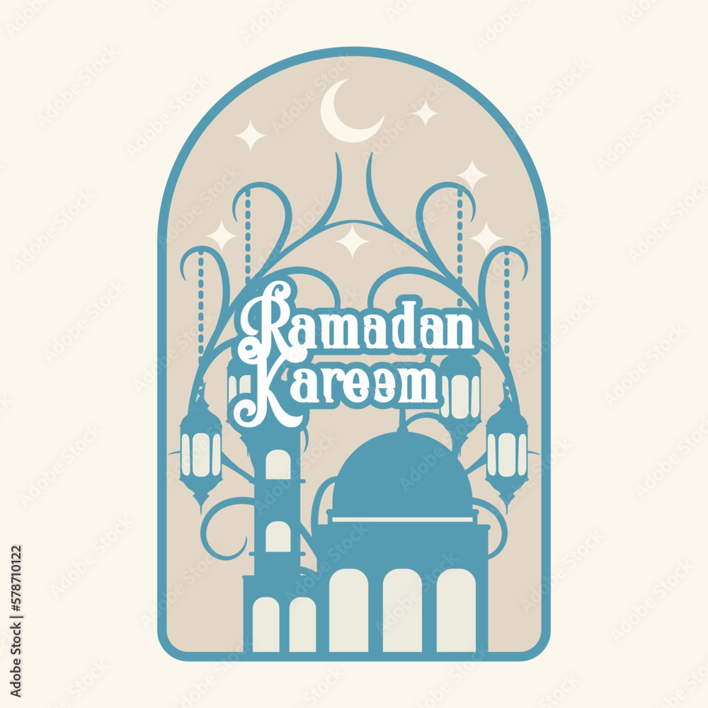 modern style Ramadan Mubarak greeting cards with retro boho design, moon, mosque dome and lanterns