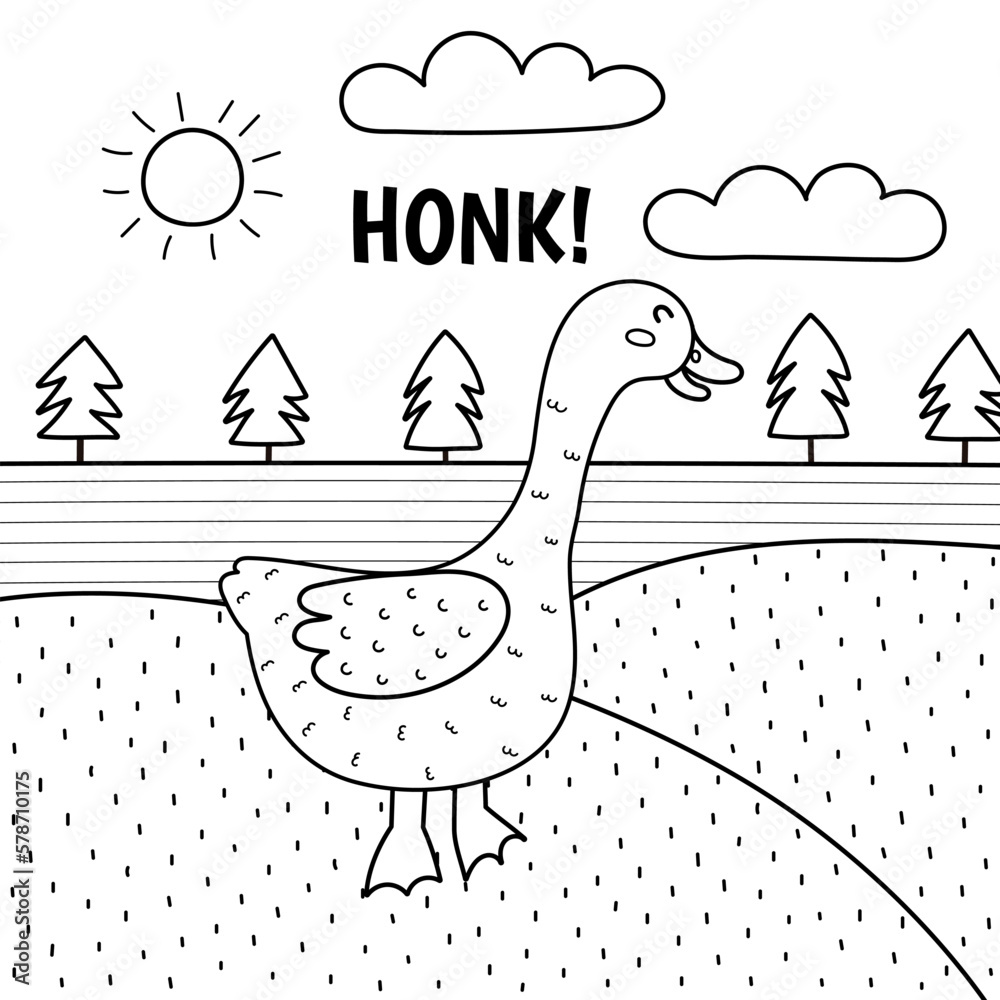 Goose saying honk black and white print. Cute farm character on a green