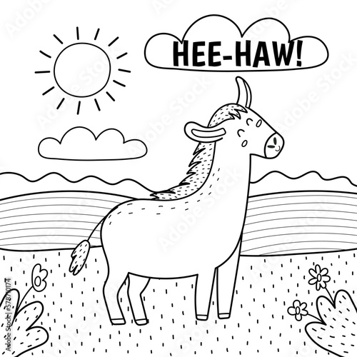 Donkey saying hee-haw black and white print. Cute farm character on a green pasture making a sound. Funny coloring page with animal in cartoon style for kids. Vector illustration