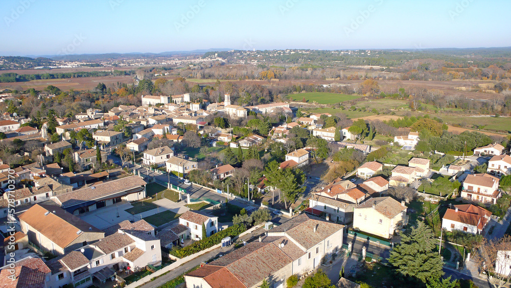 Photo aérienne Boisseron, village  Hérault,  vallée du Vidourle, lotissement et centre village, habitat Languedoc Roussillon, Occitanie, France