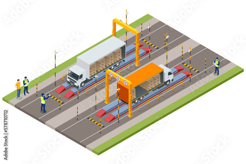 Isometric Container car on the weighing scale Cargo transport, Truck trailer with container. Loaded trailer truck on weighbridge. Weighing control platform.