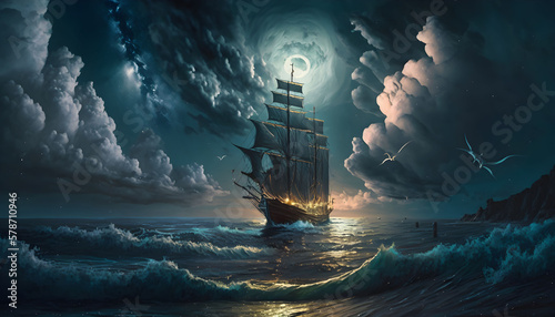 A real photographic landscape painting with incomparable reality, Super wide, Ominous sky, Sailing boat, and Wooden boat. Generative AI