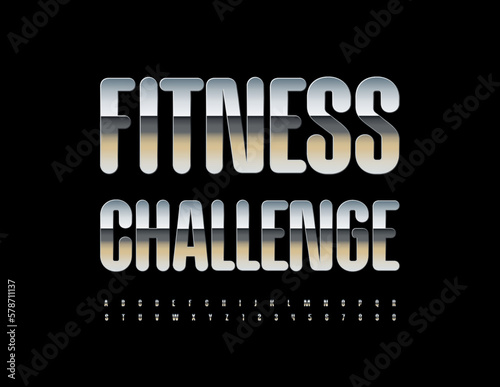 Vector stylish logo Fitness Challenge. Trendy Silver Font. Metallic Alphabet Letters and Numbers set.