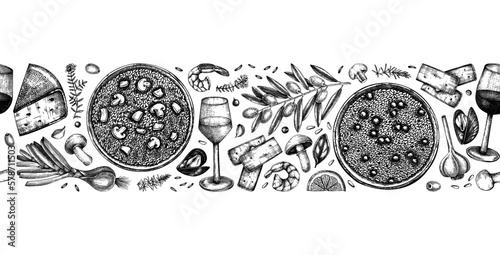 Risotto cooking ingredients sketched banner. Wine drawings in vintage style. Hand drawn food and drinks vector illustrations. Classical Italian cuisine seamless ribbon for restaurant menu design.
