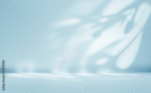 Valokuva Minimalistic abstract gentle light blue background for product presentation with light and intricate shadow from tree branches on wall