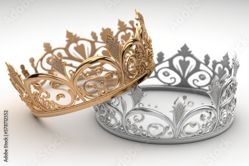 Gold and silver tiaras clipped to white background. Generative AI