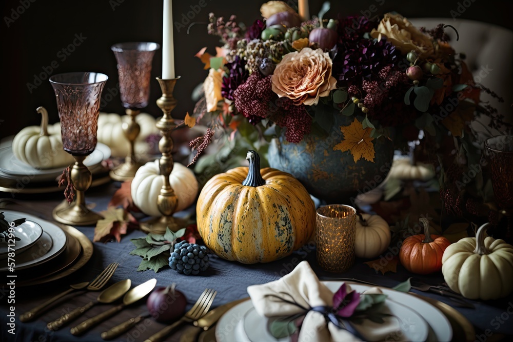 Thanksgiving tablescape with pumpkin centerpiece. Generative AI